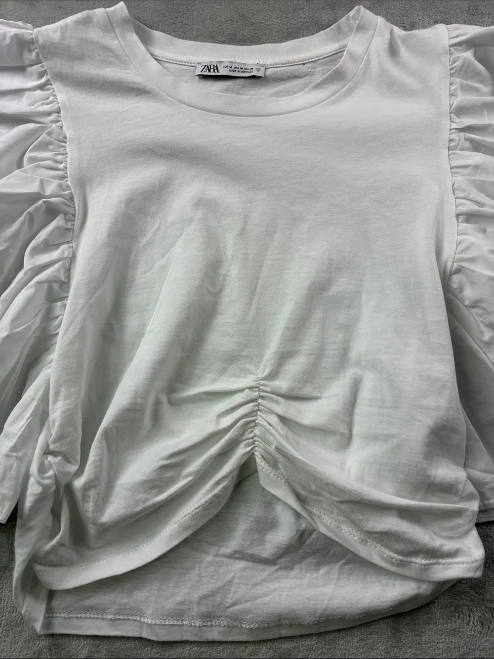 Zara Womens M White Oversized Flutter Sleeve Ruched Front Blouse Top